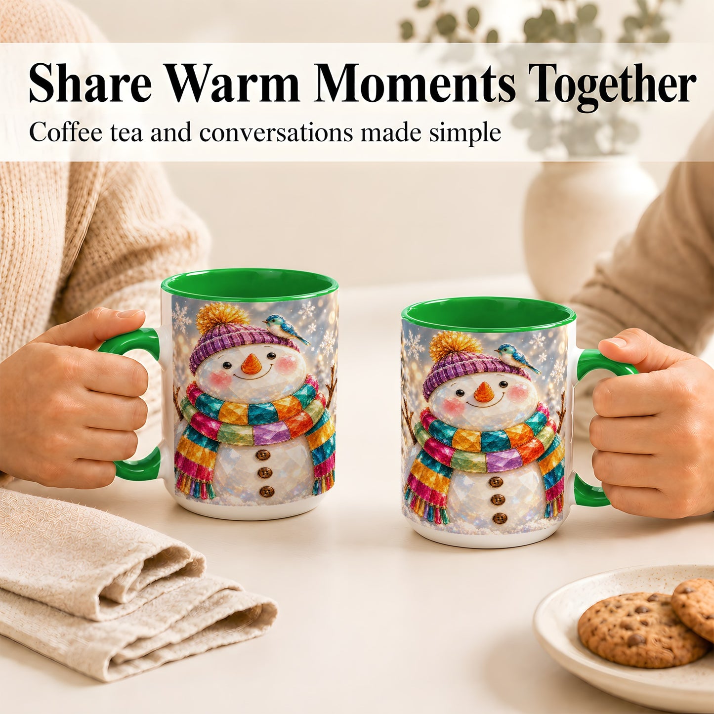 #pl[15oz|Green] Jewel Tone Snowman Coffee Mug, Winter Bird Mug, Ceramic Cup