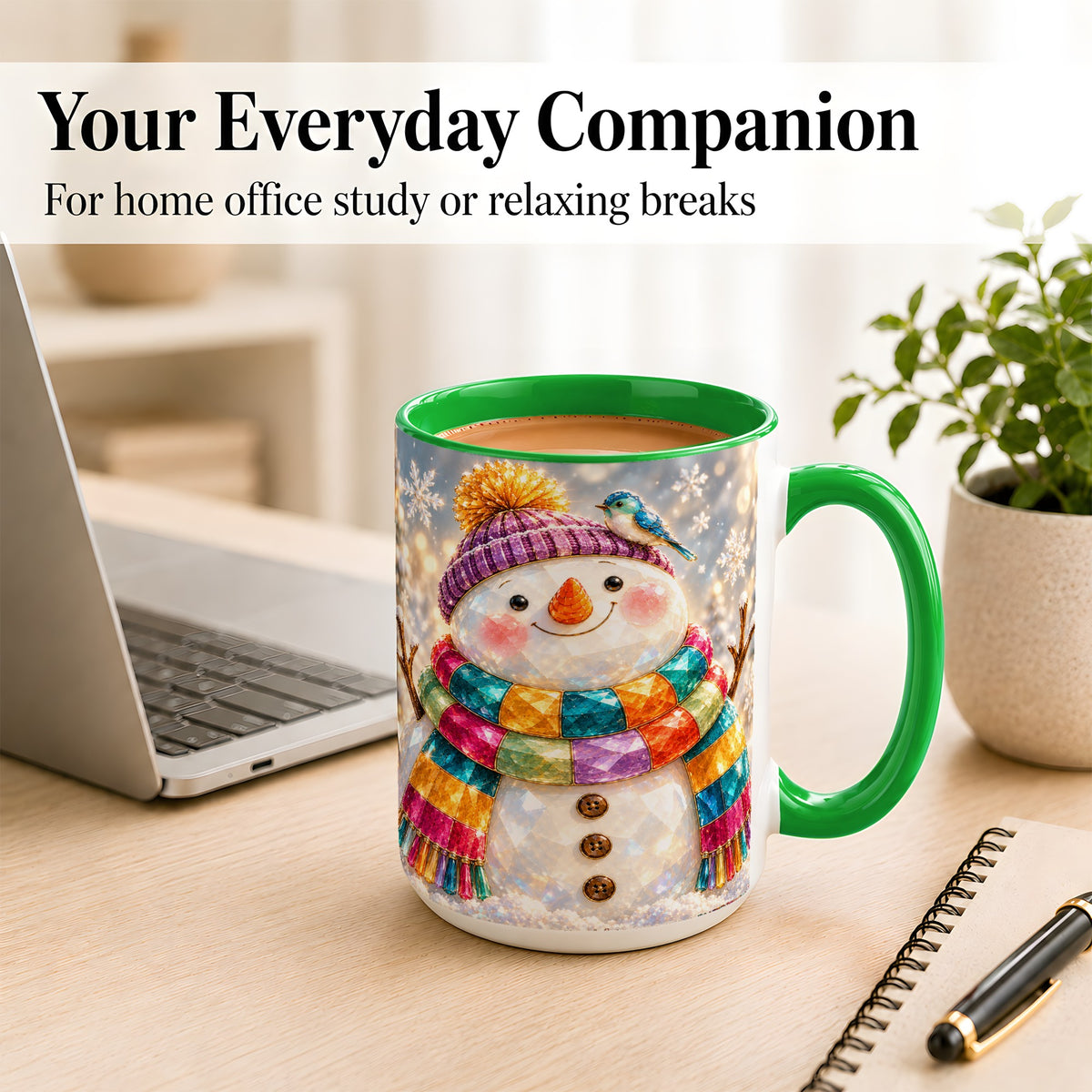 #pl[15oz|Green] Jewel Tone Snowman Coffee Mug, Winter Bird Mug, Ceramic Cup