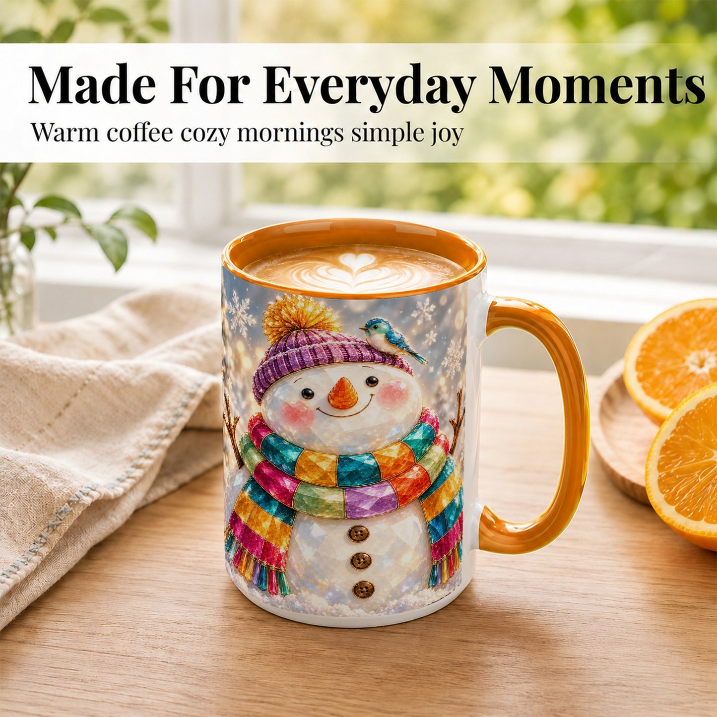 #pl[15oz|Orange] Jewel Tone Snowman Coffee Mug, Winter Bird Mug, Ceramic Cup