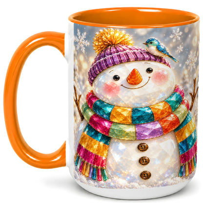 #pl[15oz|Orange] Jewel Tone Snowman Coffee Mug, Winter Bird Mug, Ceramic Cup