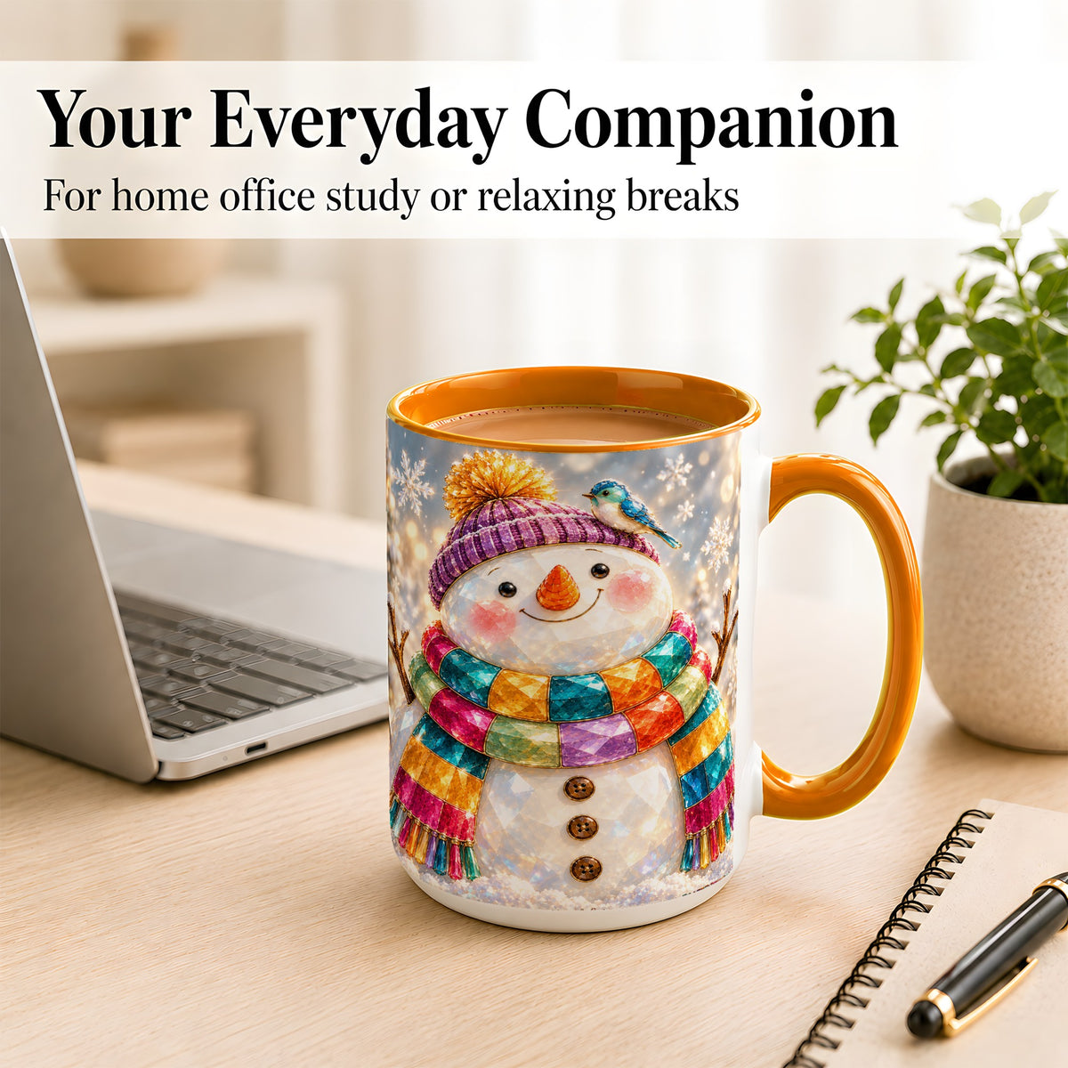#pl[15oz|Orange] Jewel Tone Snowman Coffee Mug, Winter Bird Mug, Ceramic Cup