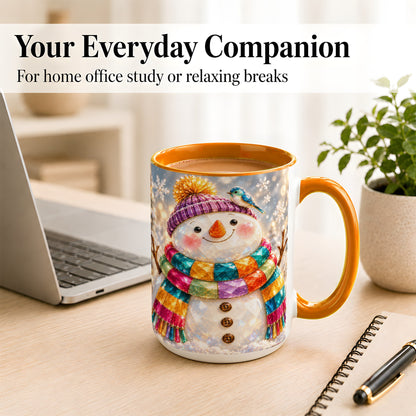#pl[15oz|Orange] Jewel Tone Snowman Coffee Mug, Winter Bird Mug, Ceramic Cup