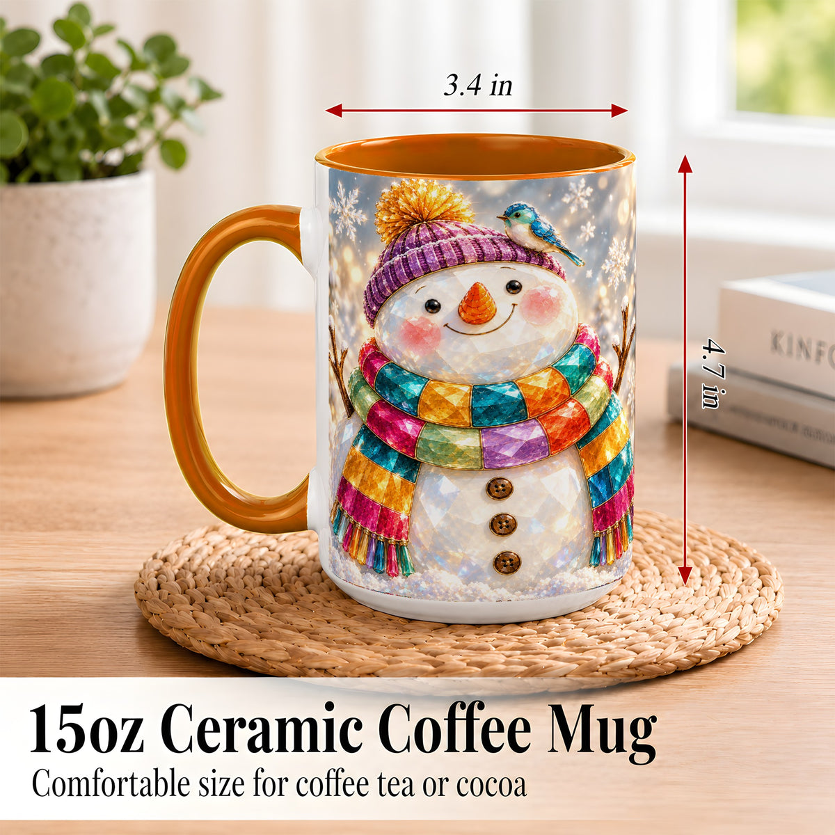 #pl[15oz|Orange] Jewel Tone Snowman Coffee Mug, Winter Bird Mug, Ceramic Cup