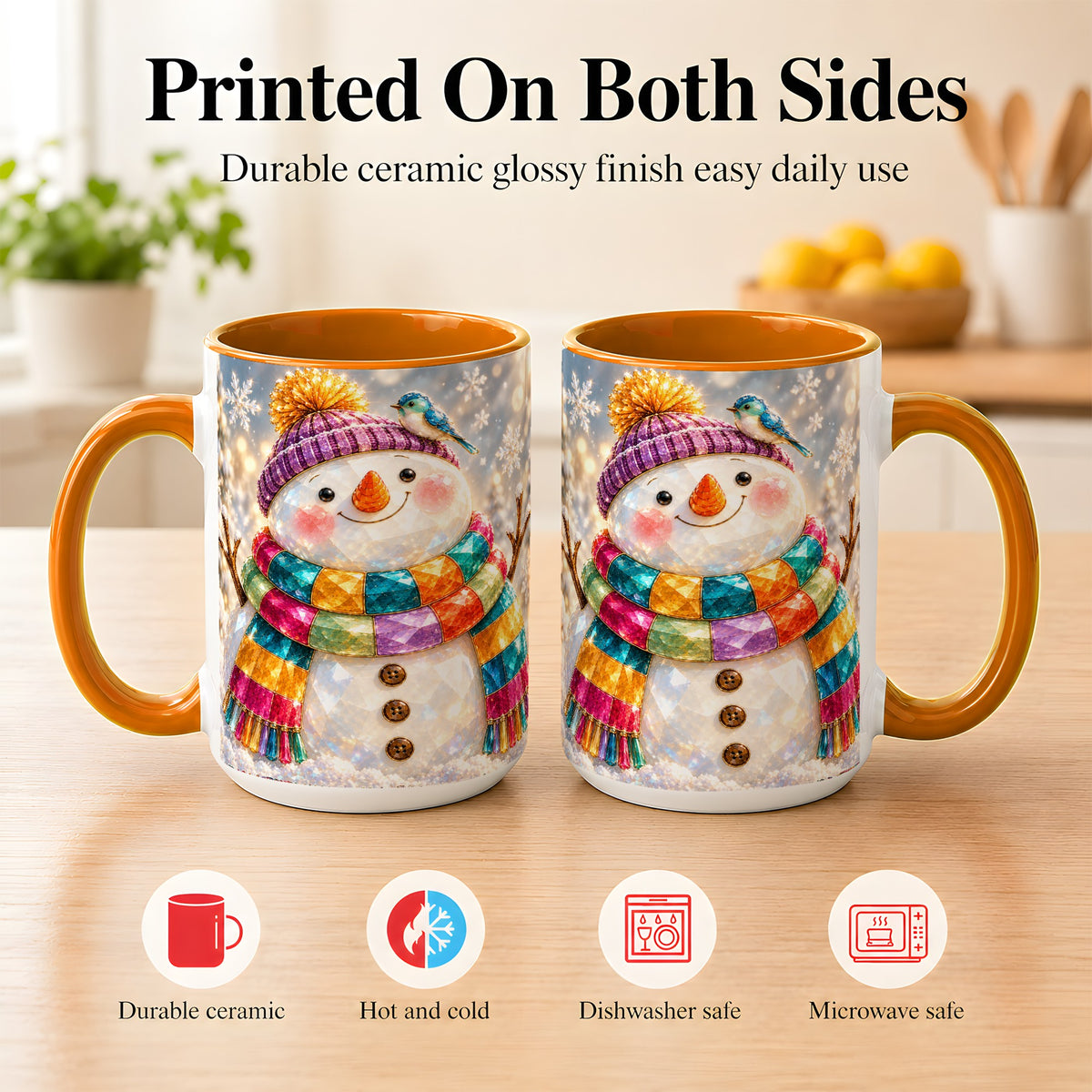 #pl[15oz|Orange] Jewel Tone Snowman Coffee Mug, Winter Bird Mug, Ceramic Cup