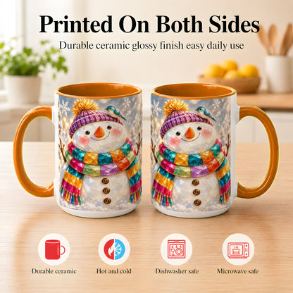 #pl[15oz|Orange] Jewel Tone Snowman Coffee Mug, Winter Bird Mug, Ceramic Cup