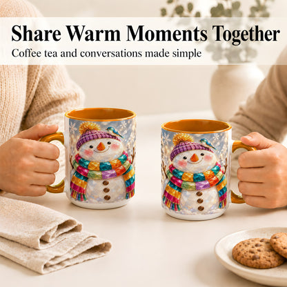 #pl[15oz|Orange] Jewel Tone Snowman Coffee Mug, Winter Bird Mug, Ceramic Cup