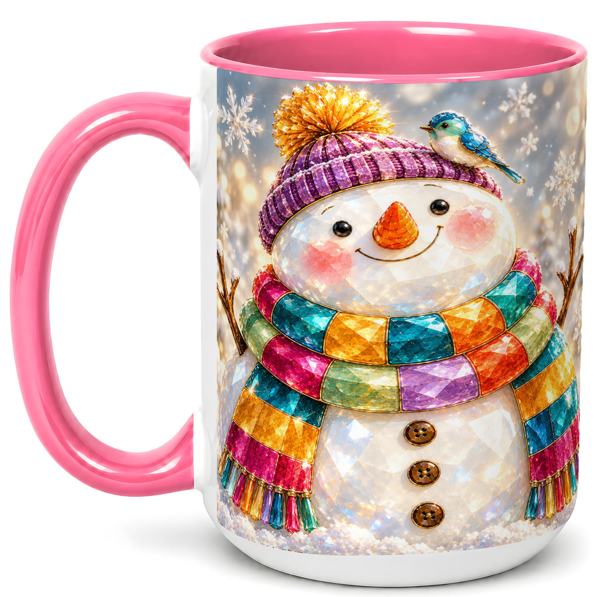 #pl[15oz|Pink] Jewel Tone Snowman Coffee Mug, Winter Bird Mug, Ceramic Cup