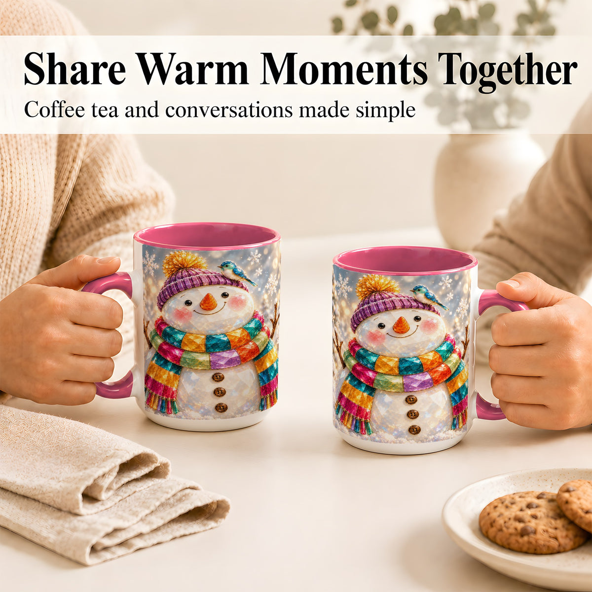 #pl[15oz|Pink] Jewel Tone Snowman Coffee Mug, Winter Bird Mug, Ceramic Cup