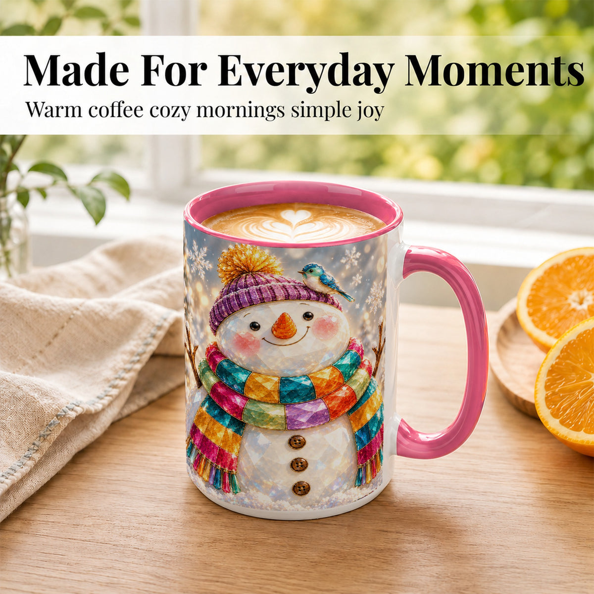 #pl[15oz|Pink] Jewel Tone Snowman Coffee Mug, Winter Bird Mug, Ceramic Cup