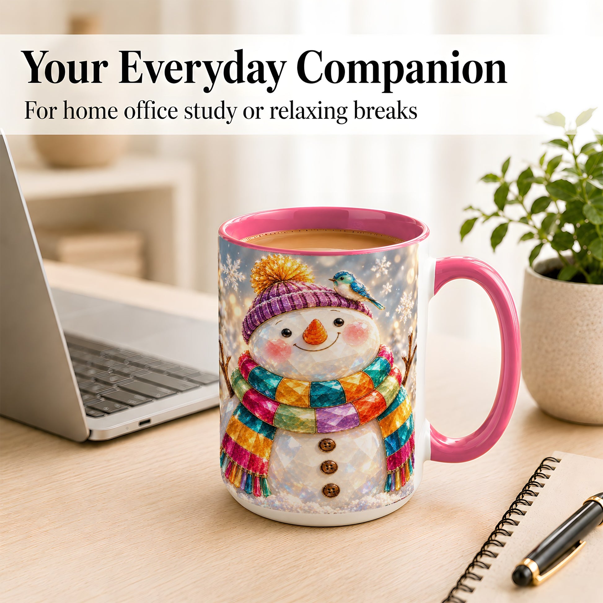 #pl[15oz|Pink] Jewel Tone Snowman Coffee Mug, Winter Bird Mug, Ceramic Cup