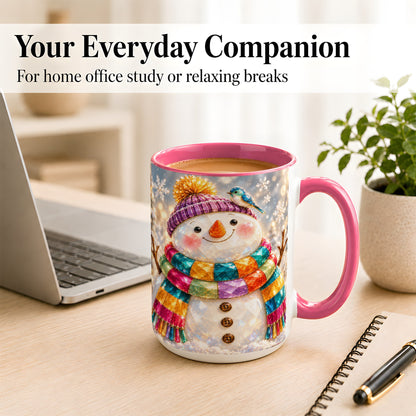 #pl[15oz|Pink] Jewel Tone Snowman Coffee Mug, Winter Bird Mug, Ceramic Cup