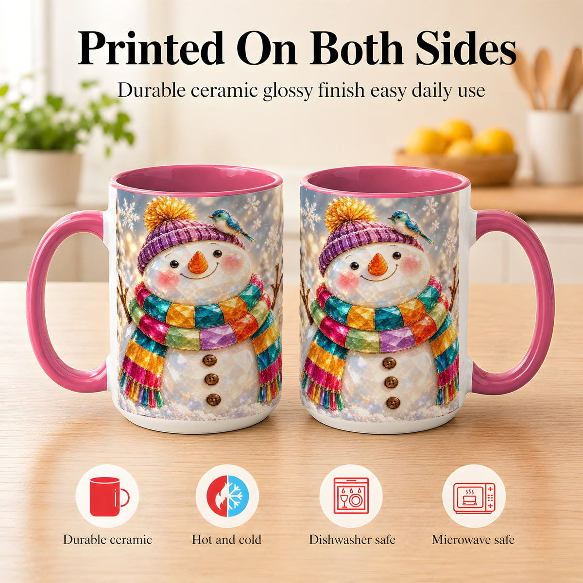 #pl[15oz|Pink] Jewel Tone Snowman Coffee Mug, Winter Bird Mug, Ceramic Cup