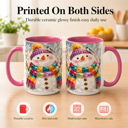 #pl[15oz|Pink] Jewel Tone Snowman Coffee Mug, Winter Bird Mug, Ceramic Cup