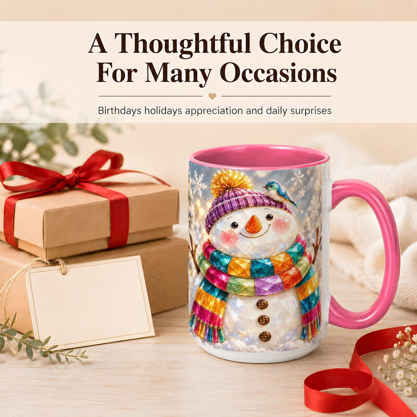 #pl[15oz|Pink] Jewel Tone Snowman Coffee Mug, Winter Bird Mug, Ceramic Cup
