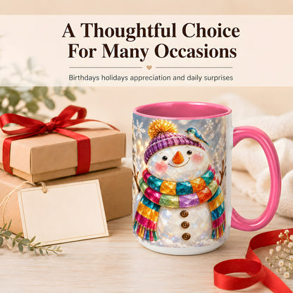 #pl[15oz|Pink] Jewel Tone Snowman Coffee Mug, Winter Bird Mug, Ceramic Cup