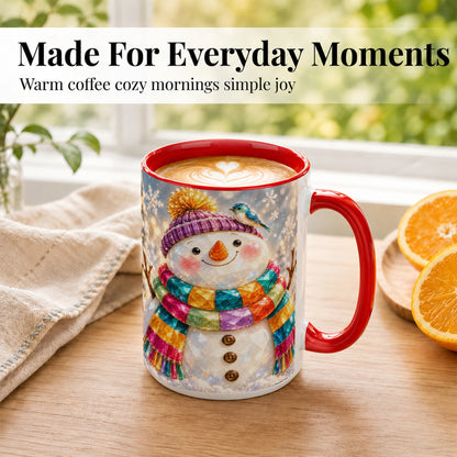 #pl[15oz|Red] Jewel Tone Snowman Coffee Mug, Winter Bird Mug, Ceramic Cup