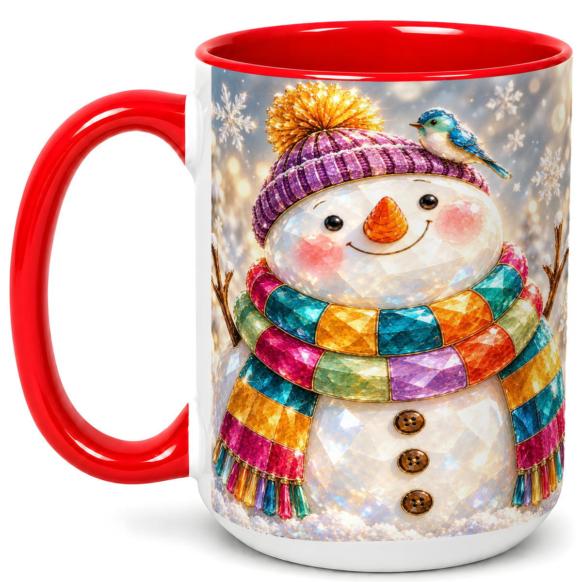 #pl[15oz|Red] Jewel Tone Snowman Coffee Mug, Winter Bird Mug, Ceramic Cup