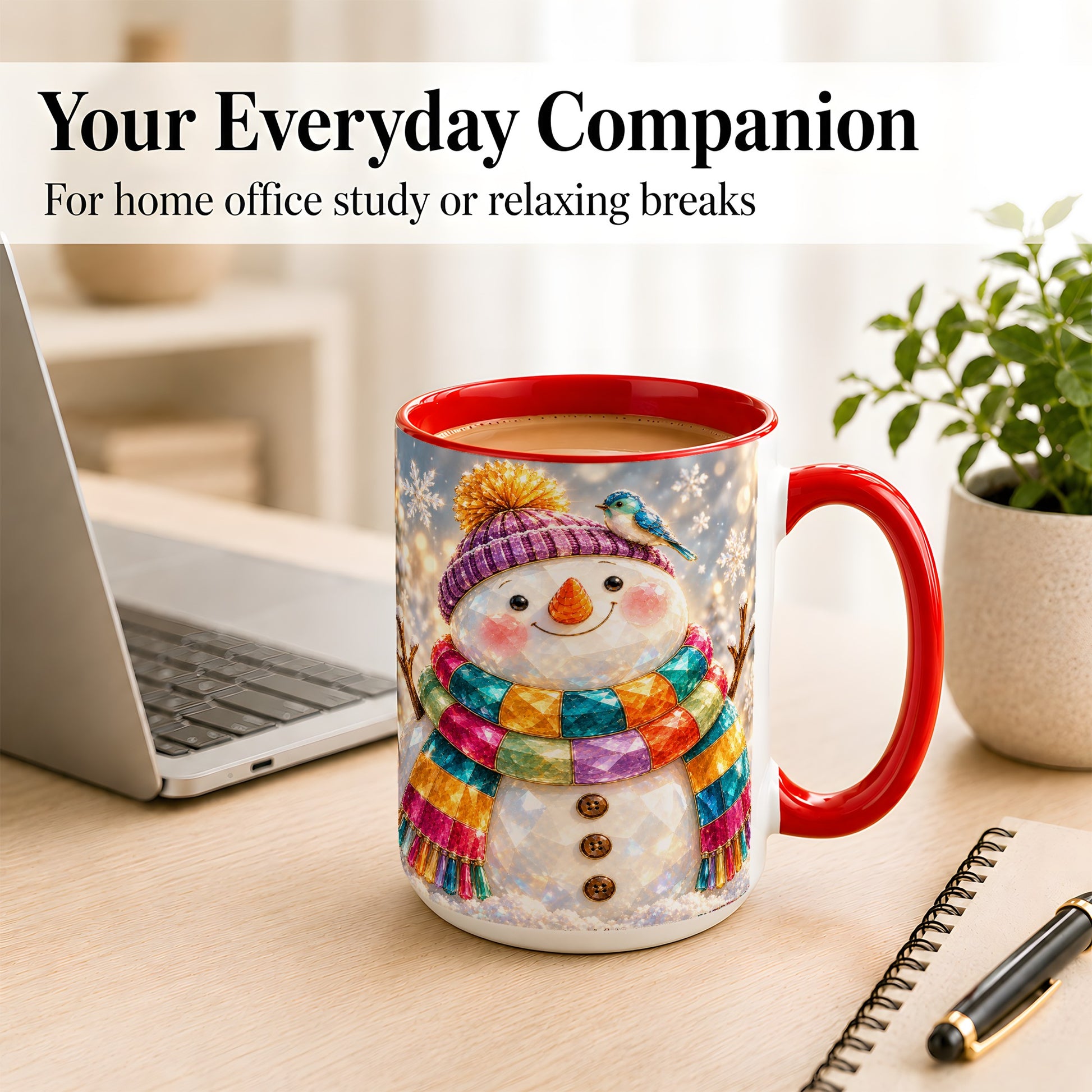 #pl[15oz|Red] Jewel Tone Snowman Coffee Mug, Winter Bird Mug, Ceramic Cup