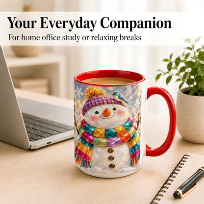 #pl[15oz|Red] Jewel Tone Snowman Coffee Mug, Winter Bird Mug, Ceramic Cup