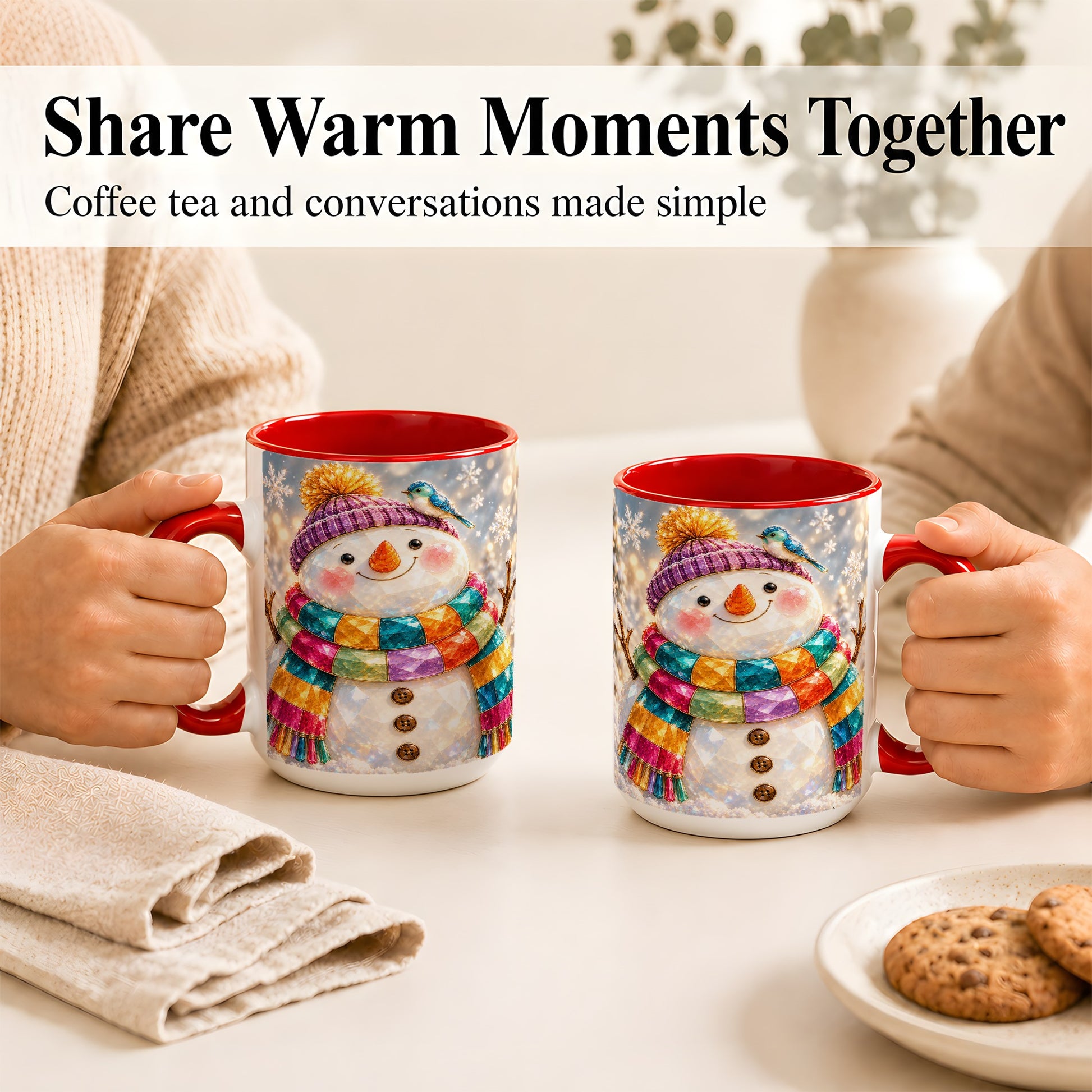 #pl[15oz|Red] Jewel Tone Snowman Coffee Mug, Winter Bird Mug, Ceramic Cup