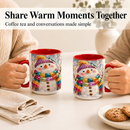 #pl[15oz|Red] Jewel Tone Snowman Coffee Mug, Winter Bird Mug, Ceramic Cup
