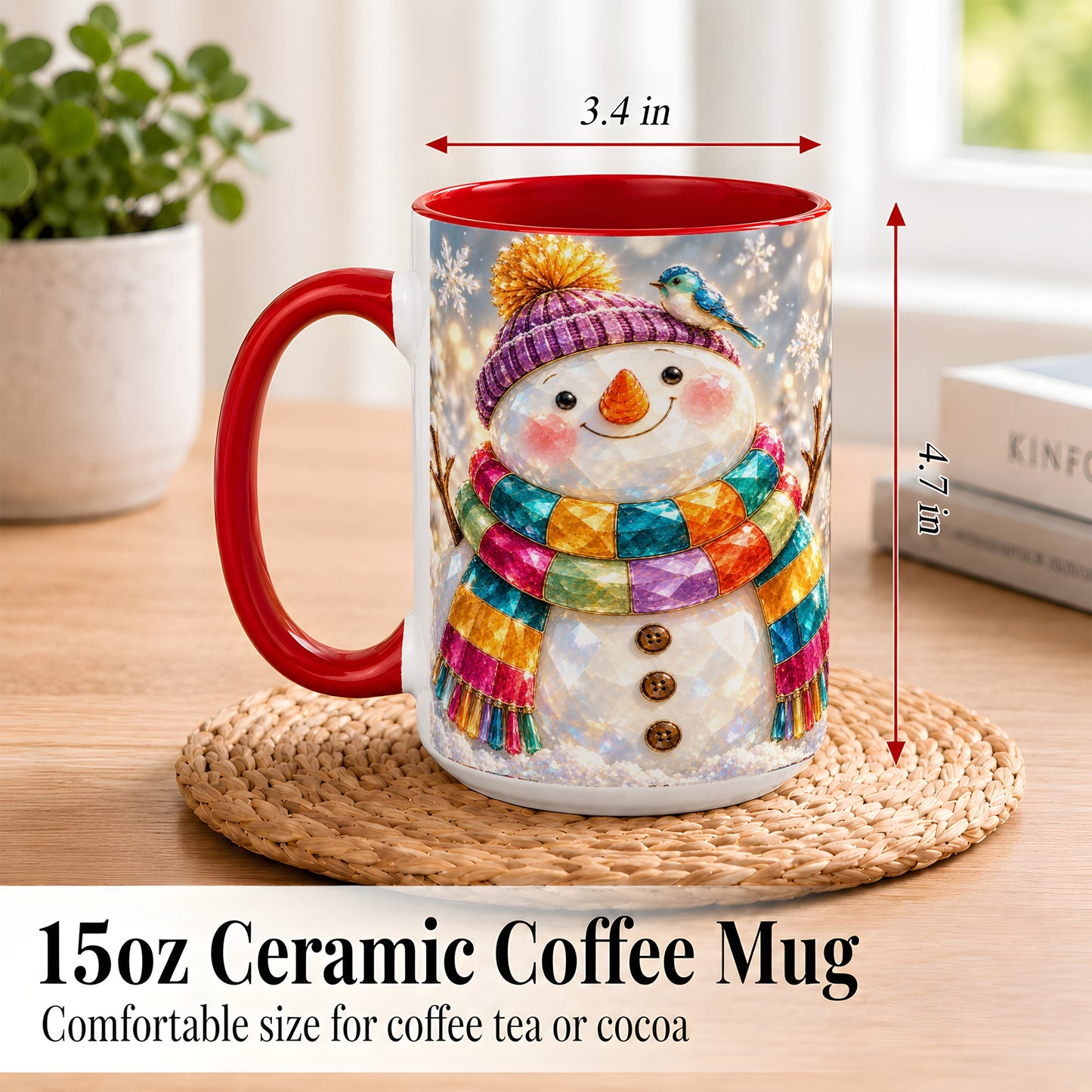 #pl[15oz|Red] Jewel Tone Snowman Coffee Mug, Winter Bird Mug, Ceramic Cup