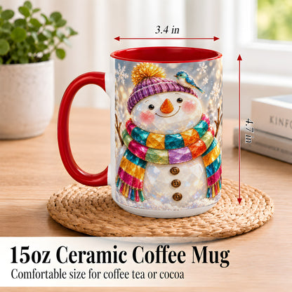 #pl[15oz|Red] Jewel Tone Snowman Coffee Mug, Winter Bird Mug, Ceramic Cup