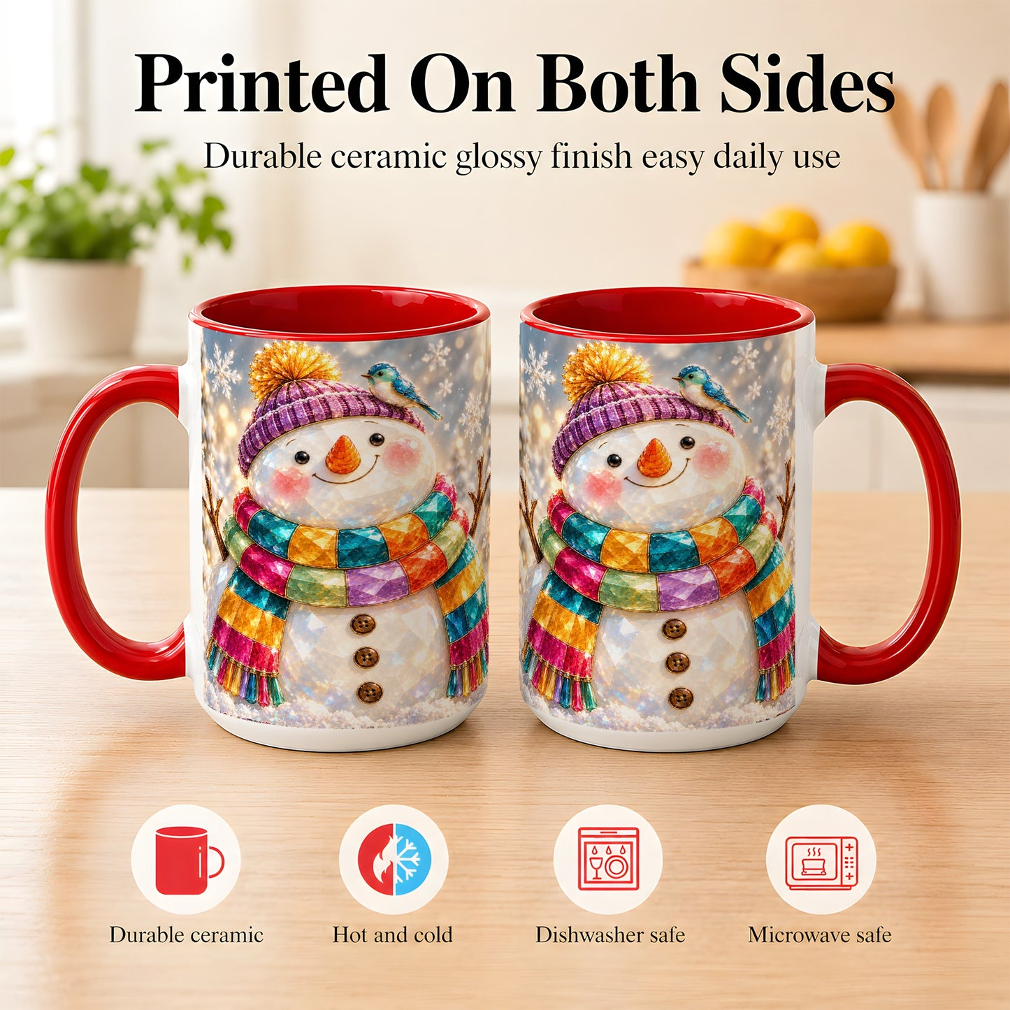 #pl[15oz|Red] Jewel Tone Snowman Coffee Mug, Winter Bird Mug, Ceramic Cup