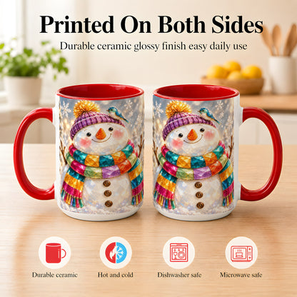 #pl[15oz|Red] Jewel Tone Snowman Coffee Mug, Winter Bird Mug, Ceramic Cup