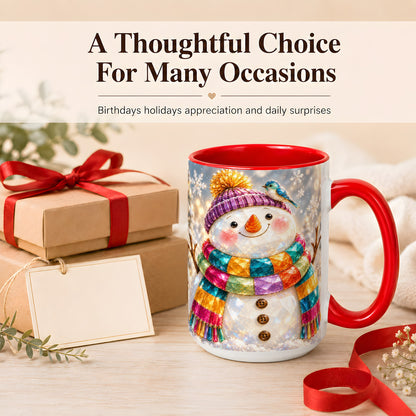 #pl[15oz|Red] Jewel Tone Snowman Coffee Mug, Winter Bird Mug, Ceramic Cup