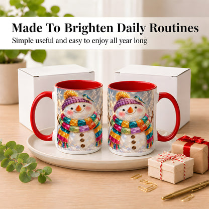 #pl[15oz|Red] Jewel Tone Snowman Coffee Mug, Winter Bird Mug, Ceramic Cup
