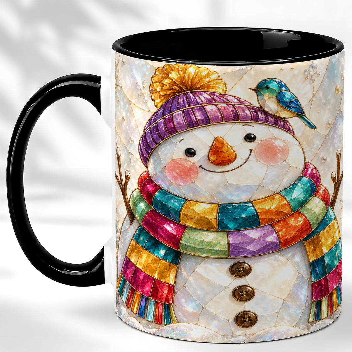 #pl[11oz|Black] Rainbow Snowman Coffee Mug, Winter Bird Mug, Ceramic Cup
