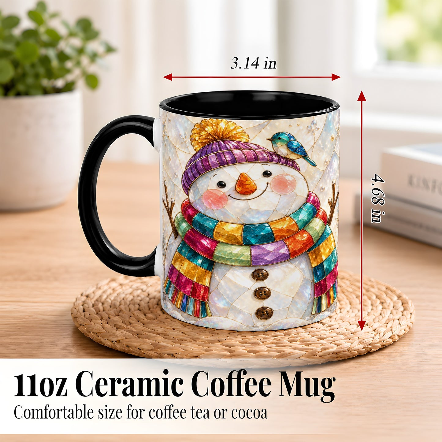 #pl[11oz|Black] Rainbow Snowman Coffee Mug, Winter Bird Mug, Ceramic Cup