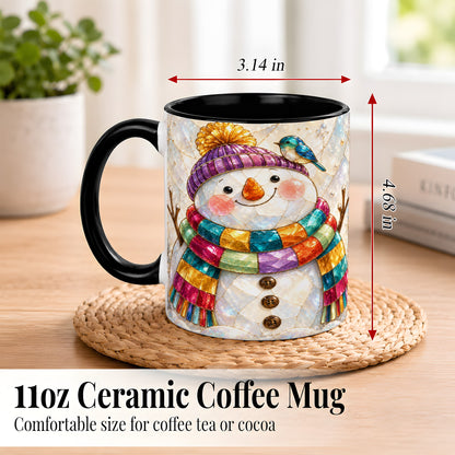 #pl[11oz|Black] Rainbow Snowman Coffee Mug, Winter Bird Mug, Ceramic Cup