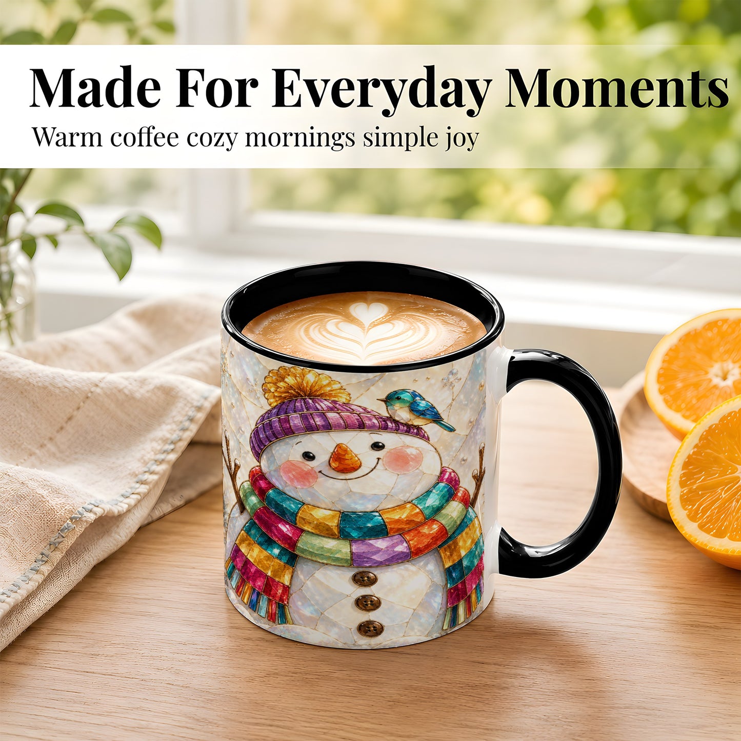 #pl[11oz|Black] Rainbow Snowman Coffee Mug, Winter Bird Mug, Ceramic Cup