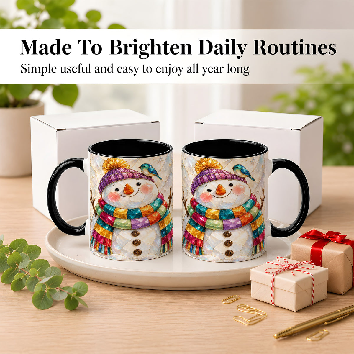 #pl[11oz|Black] Rainbow Snowman Coffee Mug, Winter Bird Mug, Ceramic Cup