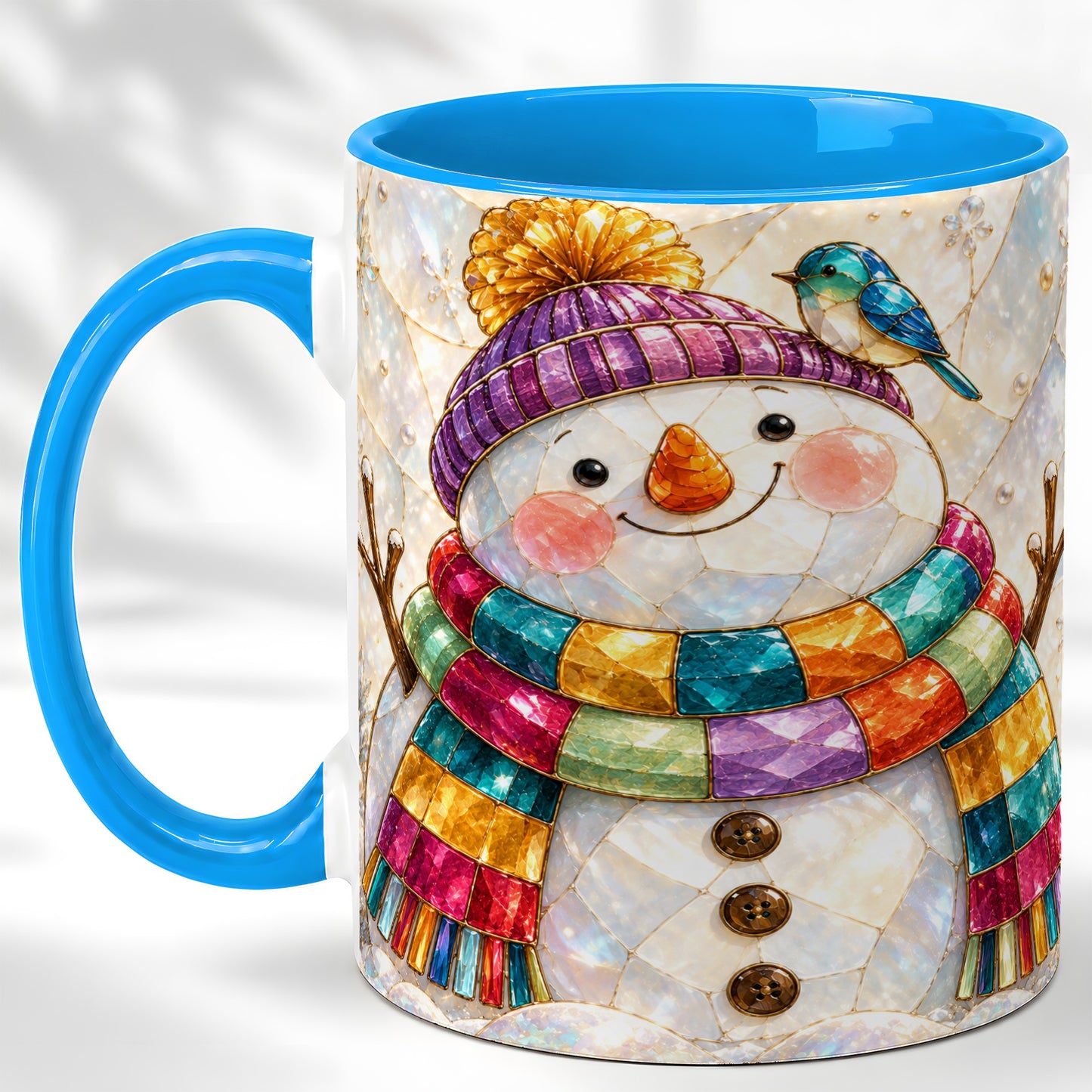 #pl[11oz|Blue] Rainbow Snowman Coffee Mug, Winter Bird Mug, Ceramic Cup