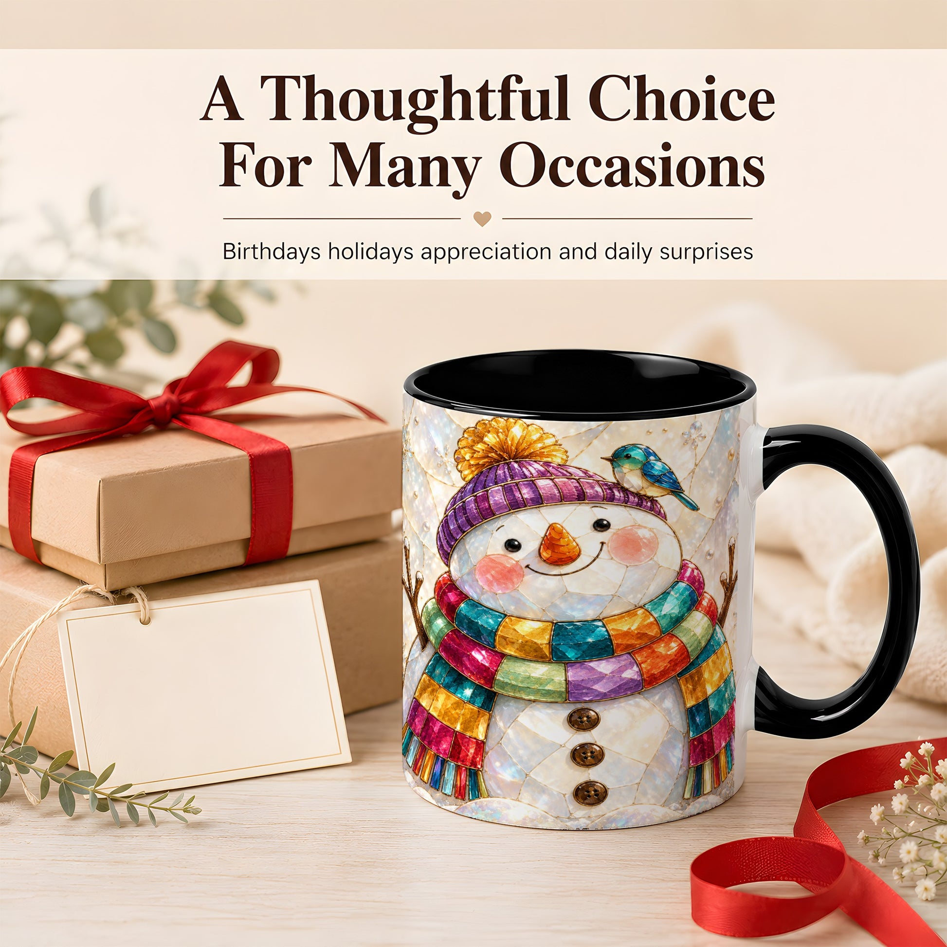 #pl[11oz|Black] Rainbow Snowman Coffee Mug, Winter Bird Mug, Ceramic Cup