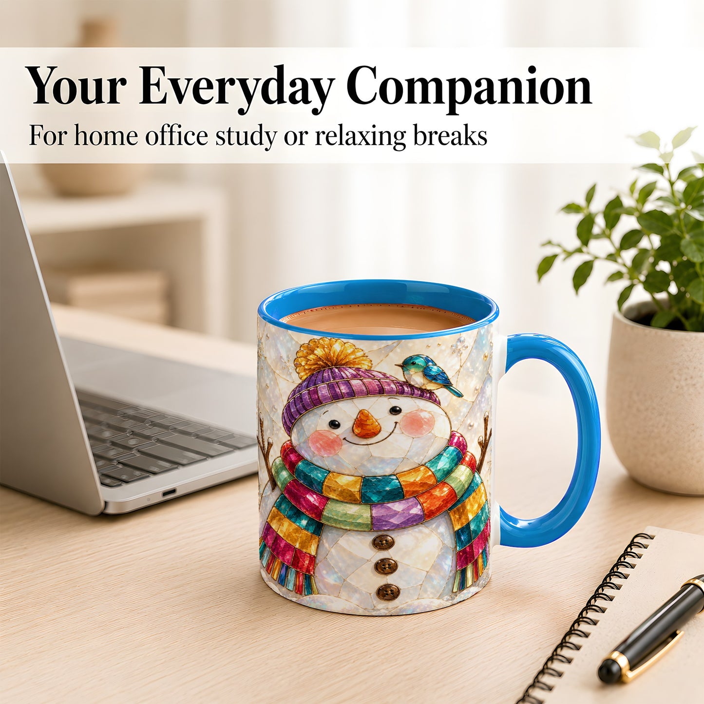 #pl[11oz|Blue] Rainbow Snowman Coffee Mug, Winter Bird Mug, Ceramic Cup
