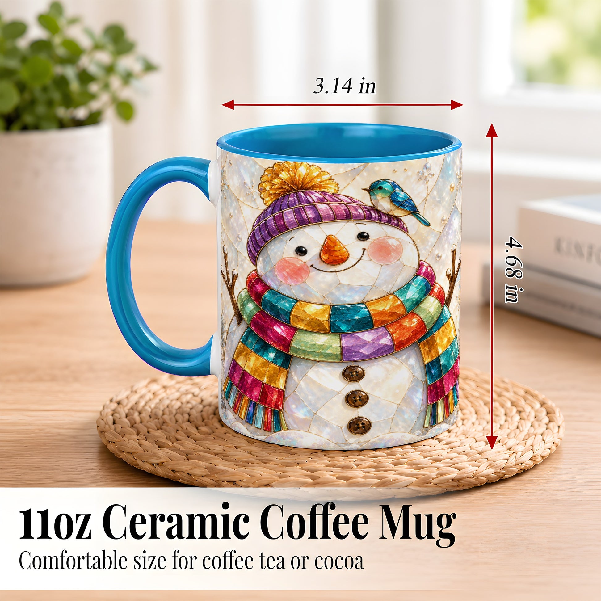 #pl[11oz|Blue] Rainbow Snowman Coffee Mug, Winter Bird Mug, Ceramic Cup