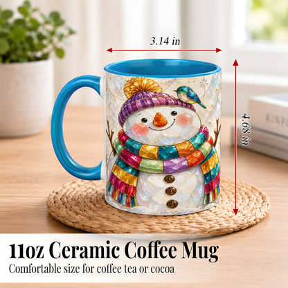 #pl[11oz|Blue] Rainbow Snowman Coffee Mug, Winter Bird Mug, Ceramic Cup