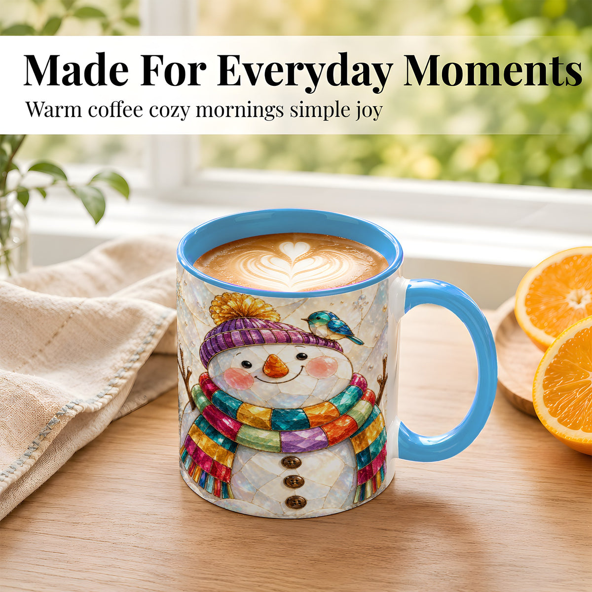 #pl[11oz|Blue] Rainbow Snowman Coffee Mug, Winter Bird Mug, Ceramic Cup