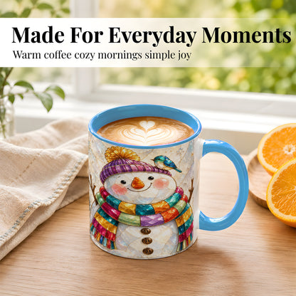 #pl[11oz|Blue] Rainbow Snowman Coffee Mug, Winter Bird Mug, Ceramic Cup
