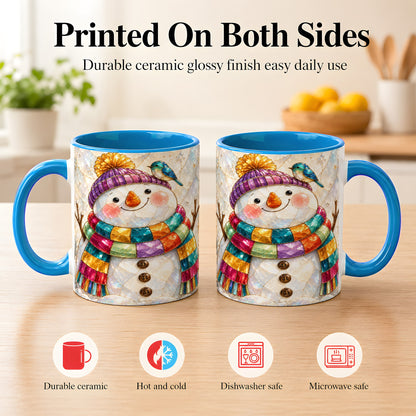 #pl[11oz|Blue] Rainbow Snowman Coffee Mug, Winter Bird Mug, Ceramic Cup