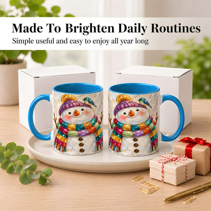 #pl[11oz|Blue] Rainbow Snowman Coffee Mug, Winter Bird Mug, Ceramic Cup
