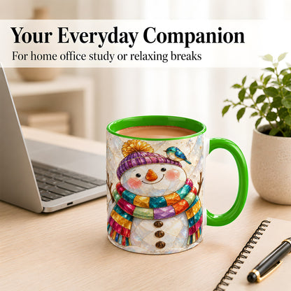 #pl[11oz|Green] Rainbow Snowman Coffee Mug, Winter Bird Mug, Ceramic Cup