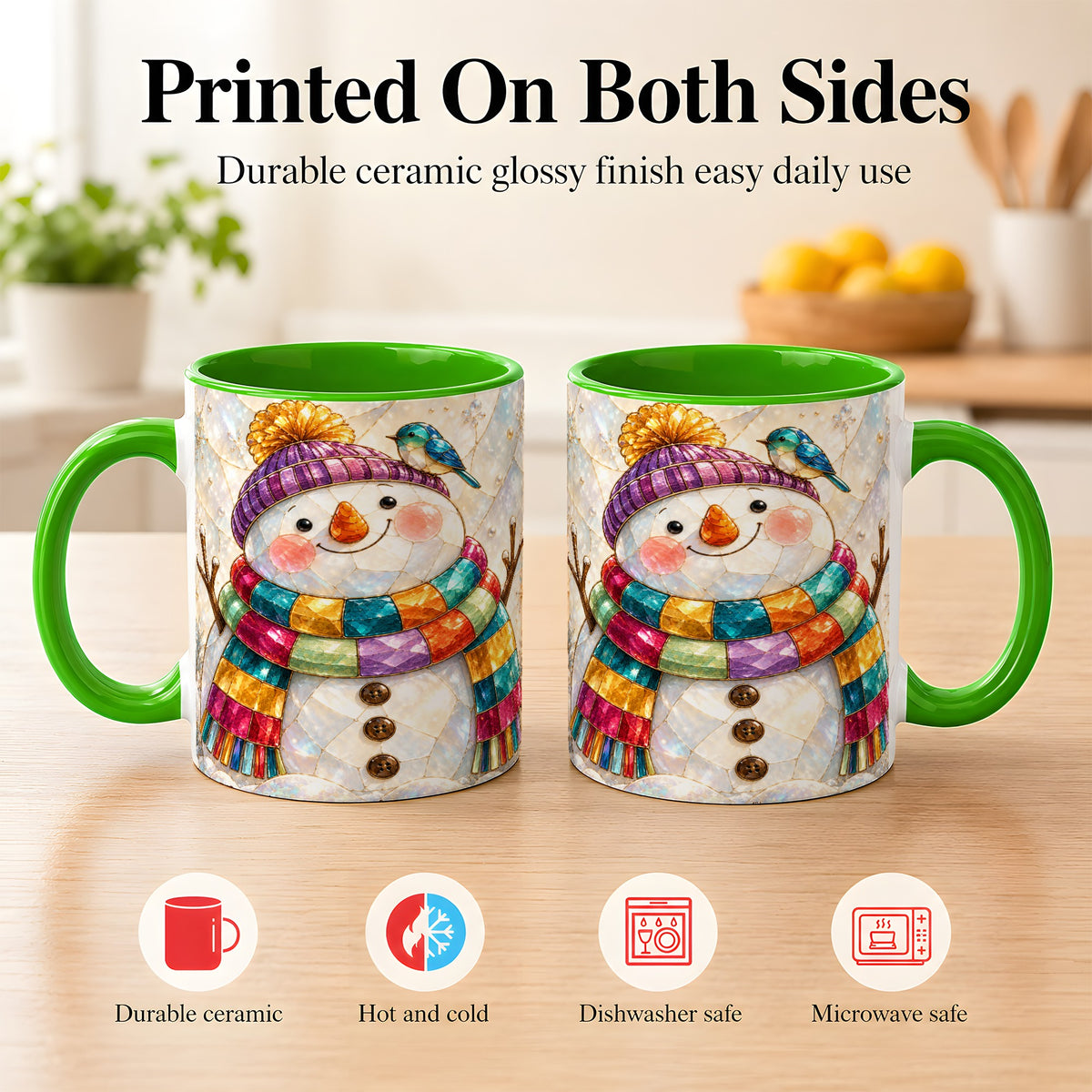 #pl[11oz|Green] Rainbow Snowman Coffee Mug, Winter Bird Mug, Ceramic Cup