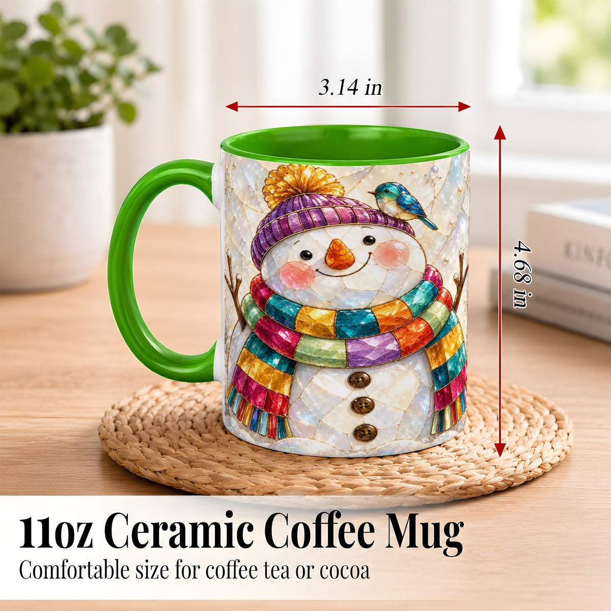 #pl[11oz|Green] Rainbow Snowman Coffee Mug, Winter Bird Mug, Ceramic Cup