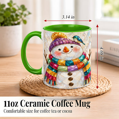 #pl[11oz|Green] Rainbow Snowman Coffee Mug, Winter Bird Mug, Ceramic Cup