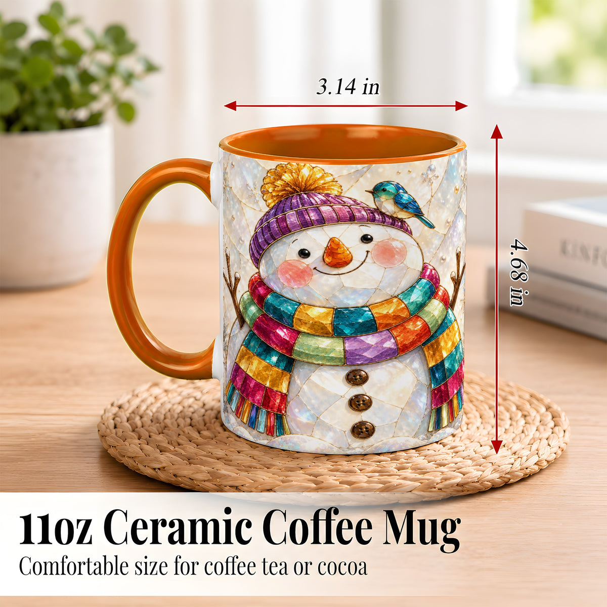 #pl[11oz|Orange] Rainbow Snowman Coffee Mug, Winter Bird Mug, Ceramic Cup